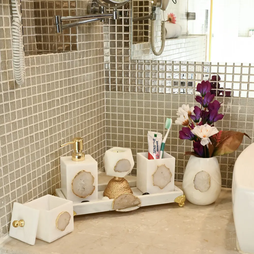 Elegant Marble Bathroom Set with White Agate