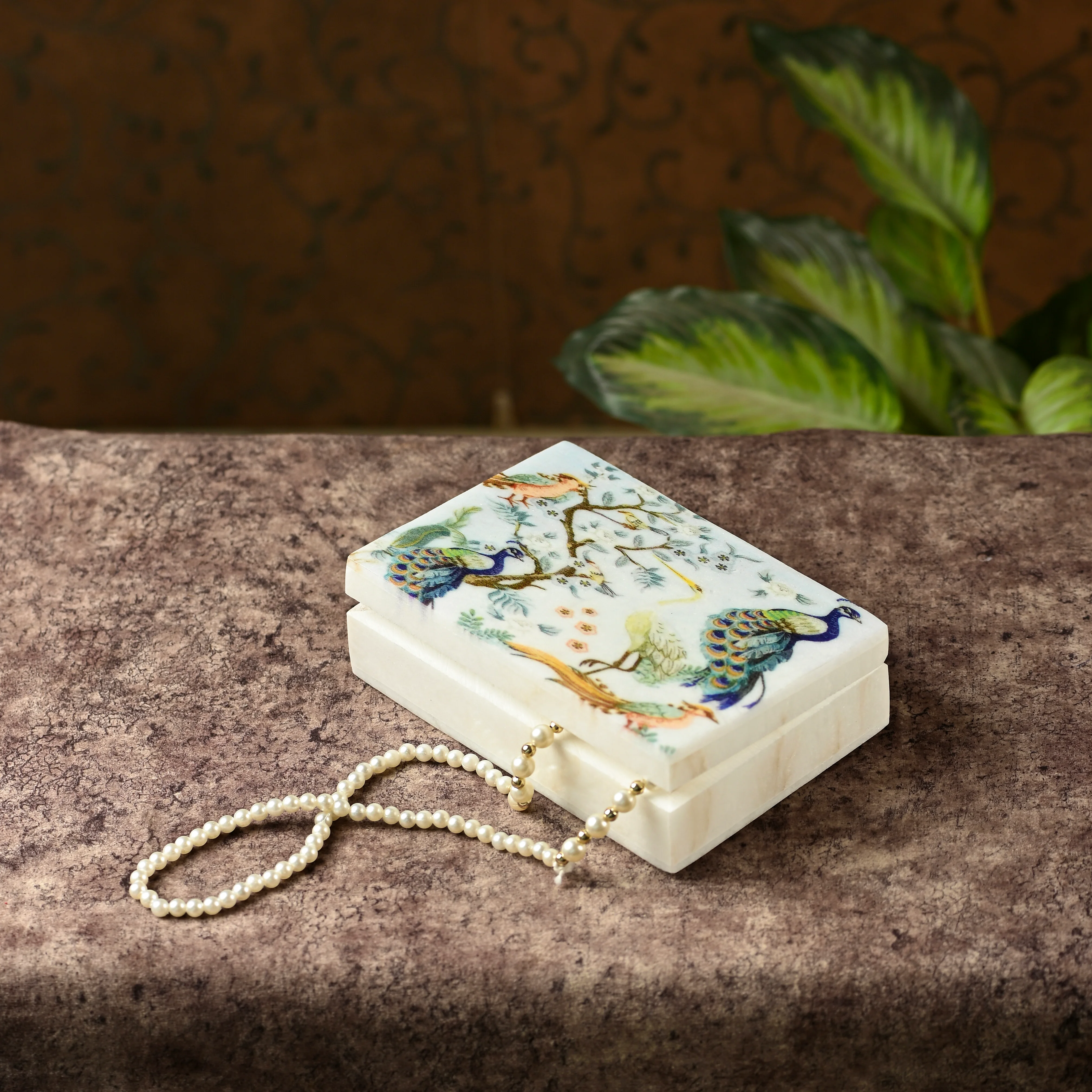 Marble Round Platter with Peacock Design and
