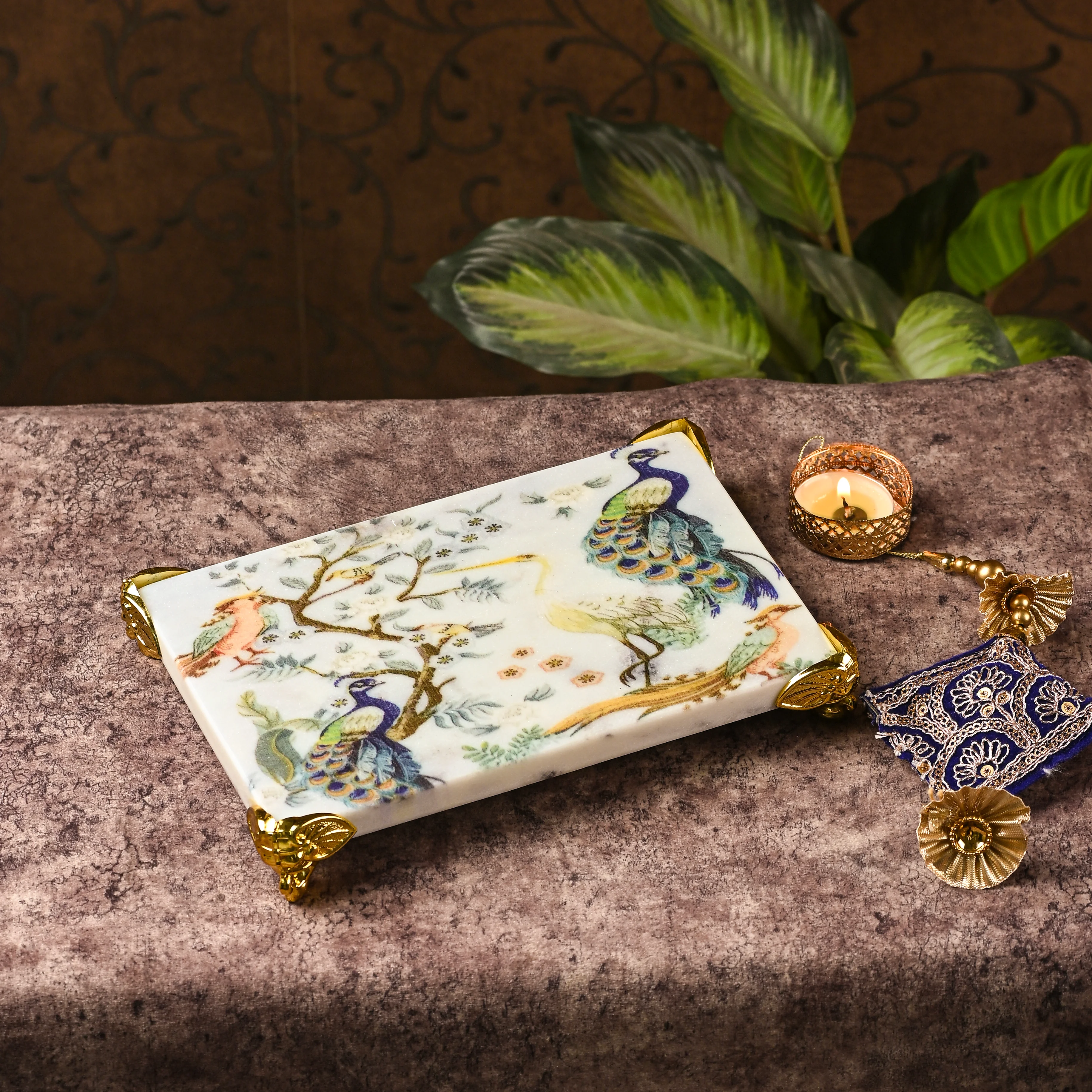 Marble Tray with Peacock Design Printing