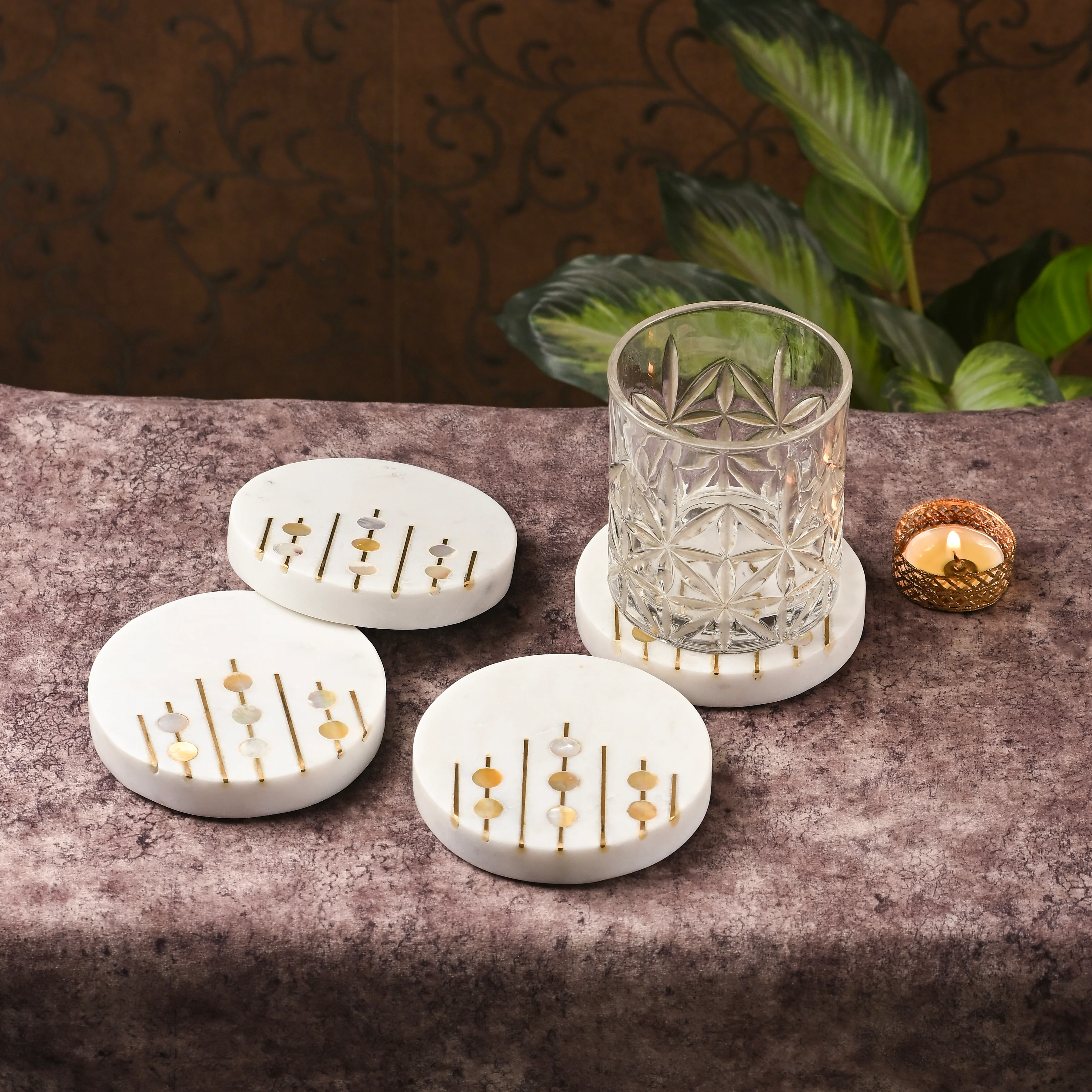 Marble Coasters with Mother of Pearl and Brass Inlay