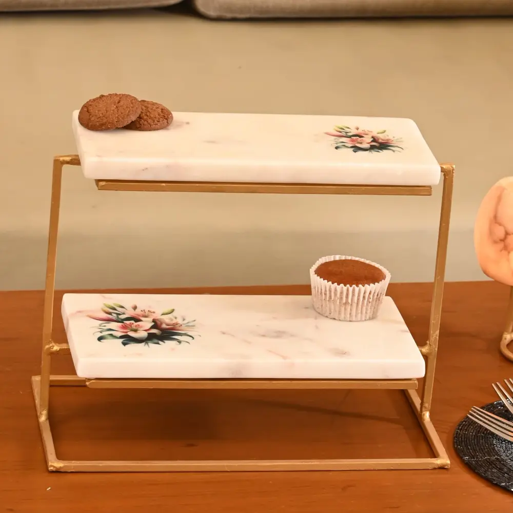 Marble Two-Tier Platter with Floral Printing Design