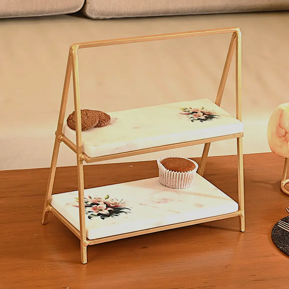 Premium Marble Two Tier Platter with Floret Printing Design