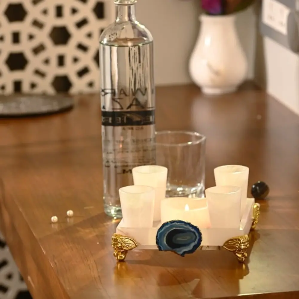 Premium Marble Shot Glasses with Tray and Heart-Shaped Tealight Holder