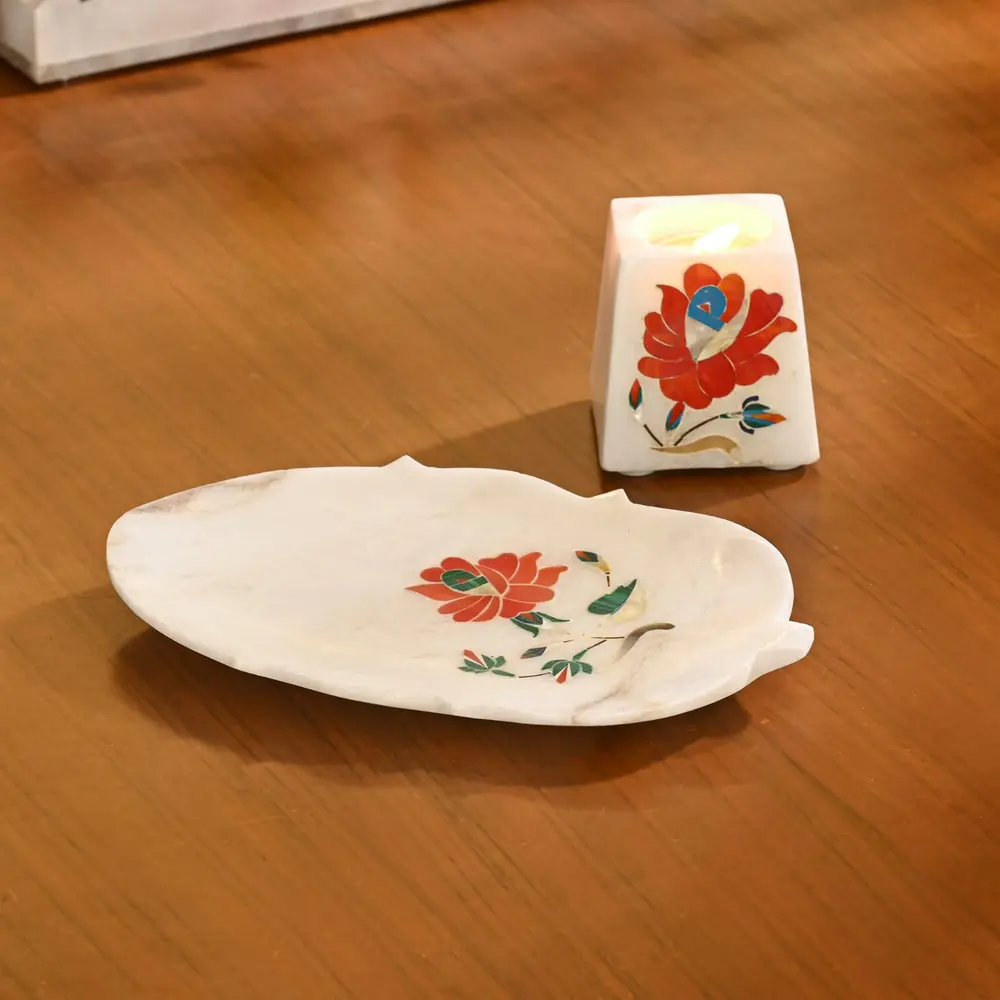 Marble Leaf Platter with Red Flower Inlay Work