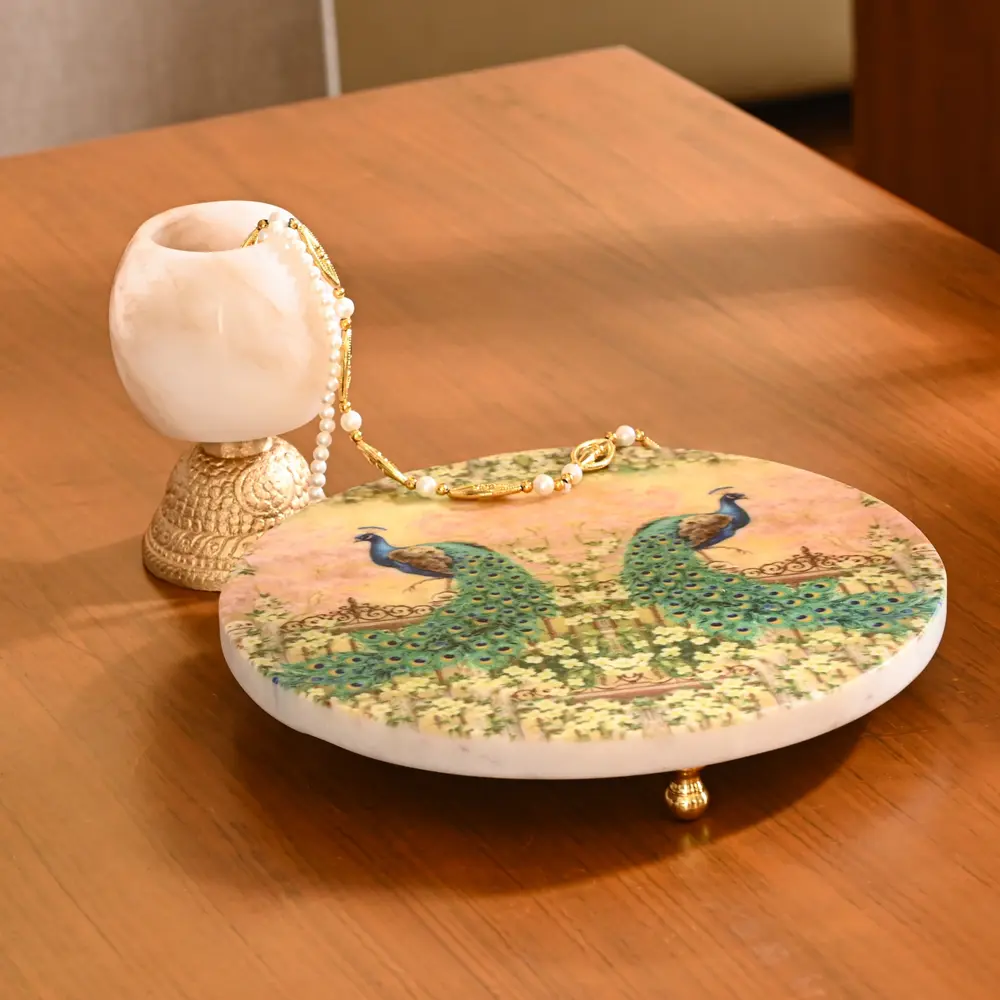 Marble Round Platter with Peacock Design and Tealight Holder