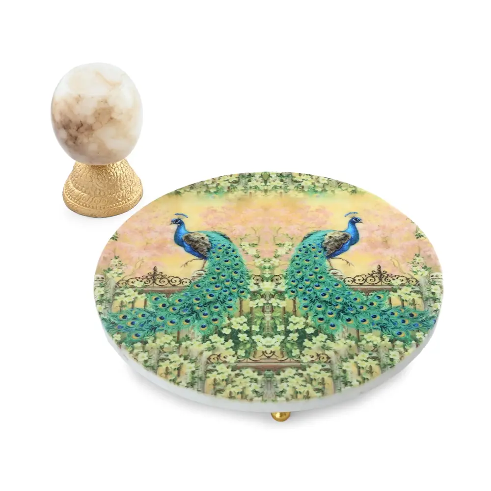 Elegant Marble Round Platter with Peacock Design and Spherical Tealight Holder