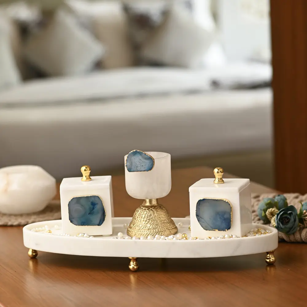 Marble Oval Platter with Jars and Tealight