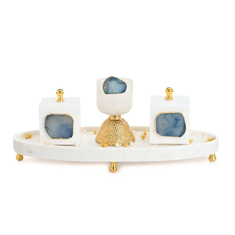 Marble Oval Platter with Jars and Tealight Enhanced with Blue Agate