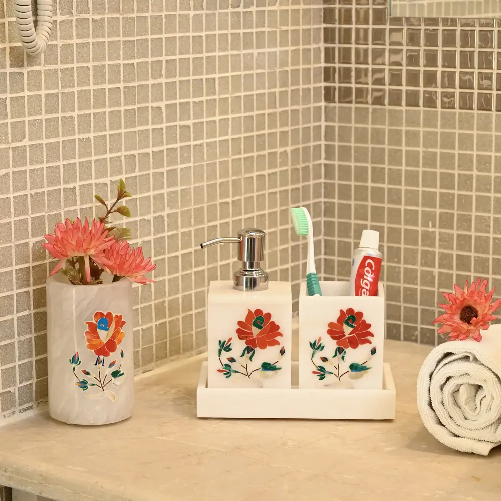 Handcrafted Marble Bathroom Set with Red Inlay