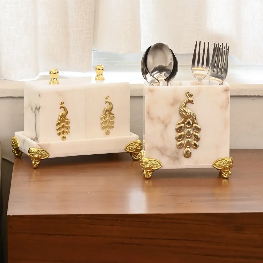 Marble Jar Set with Cutlery Holder