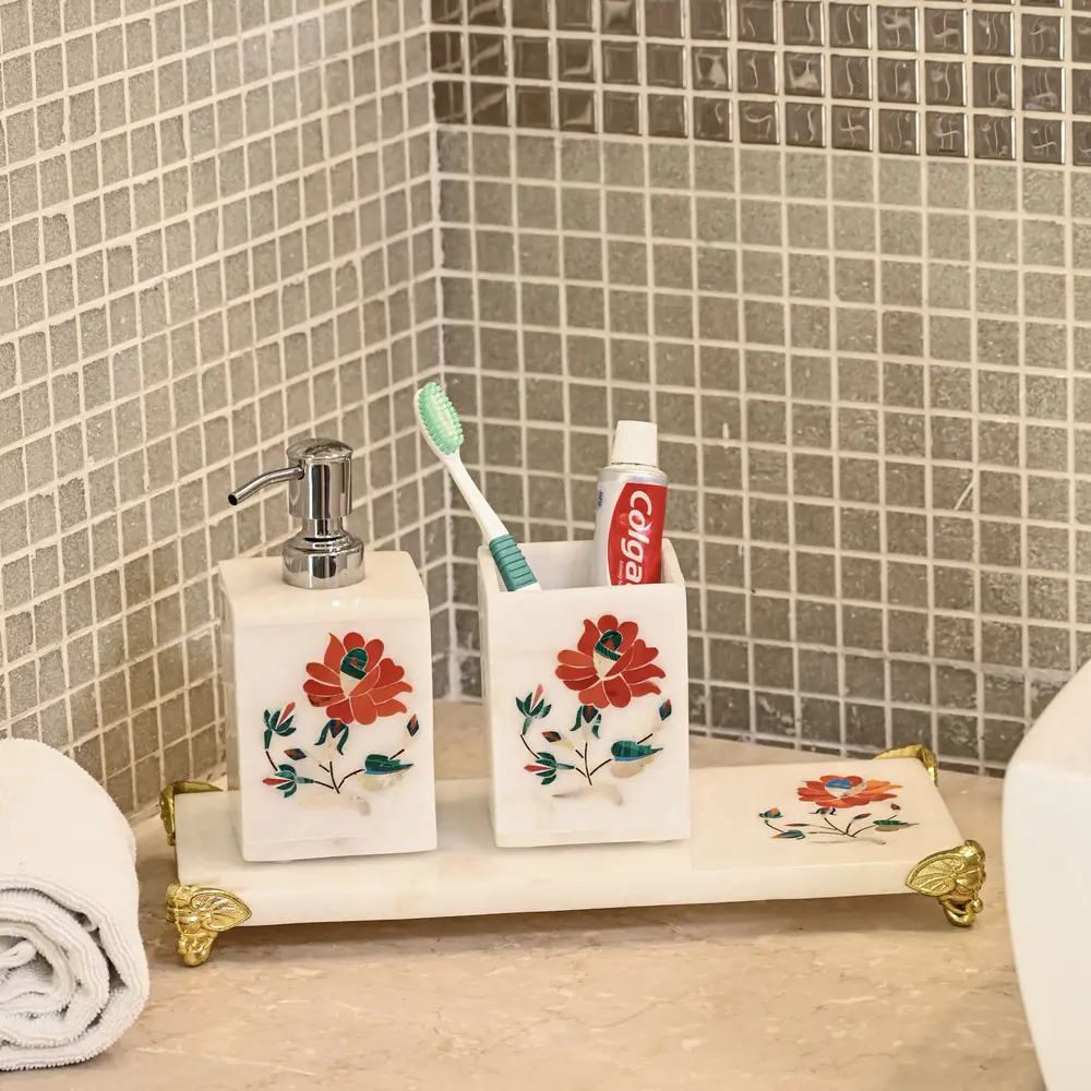 Luxury Marble Bathroom Set with Red Inlay Work