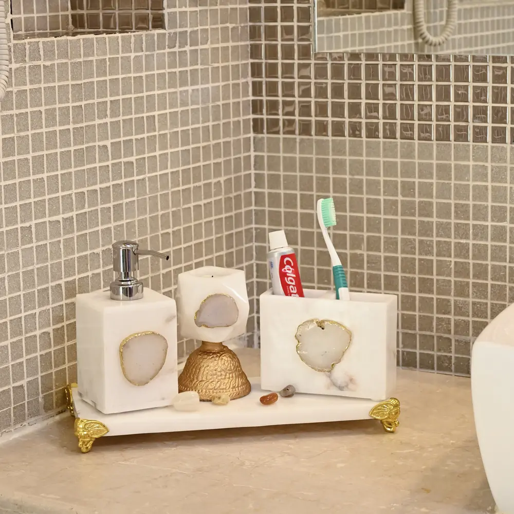 Elegant Marble Bathroom Set with Red Inlay