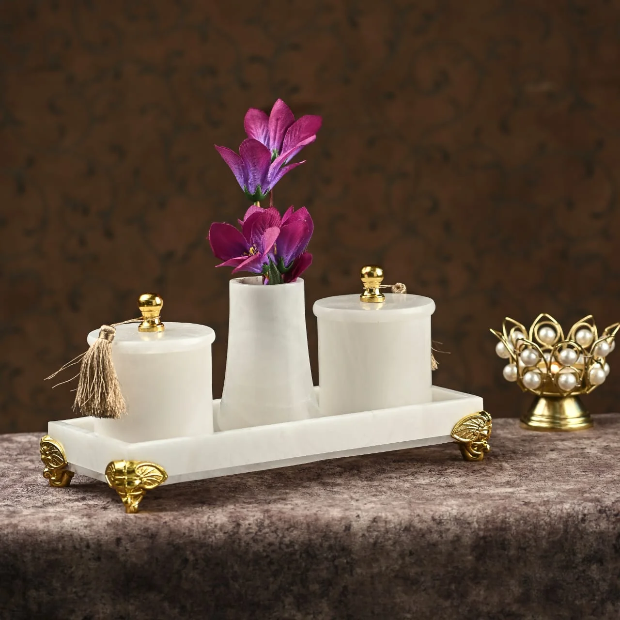 Premium Marble Bathroom Set with Red Inlay and Flower Vase