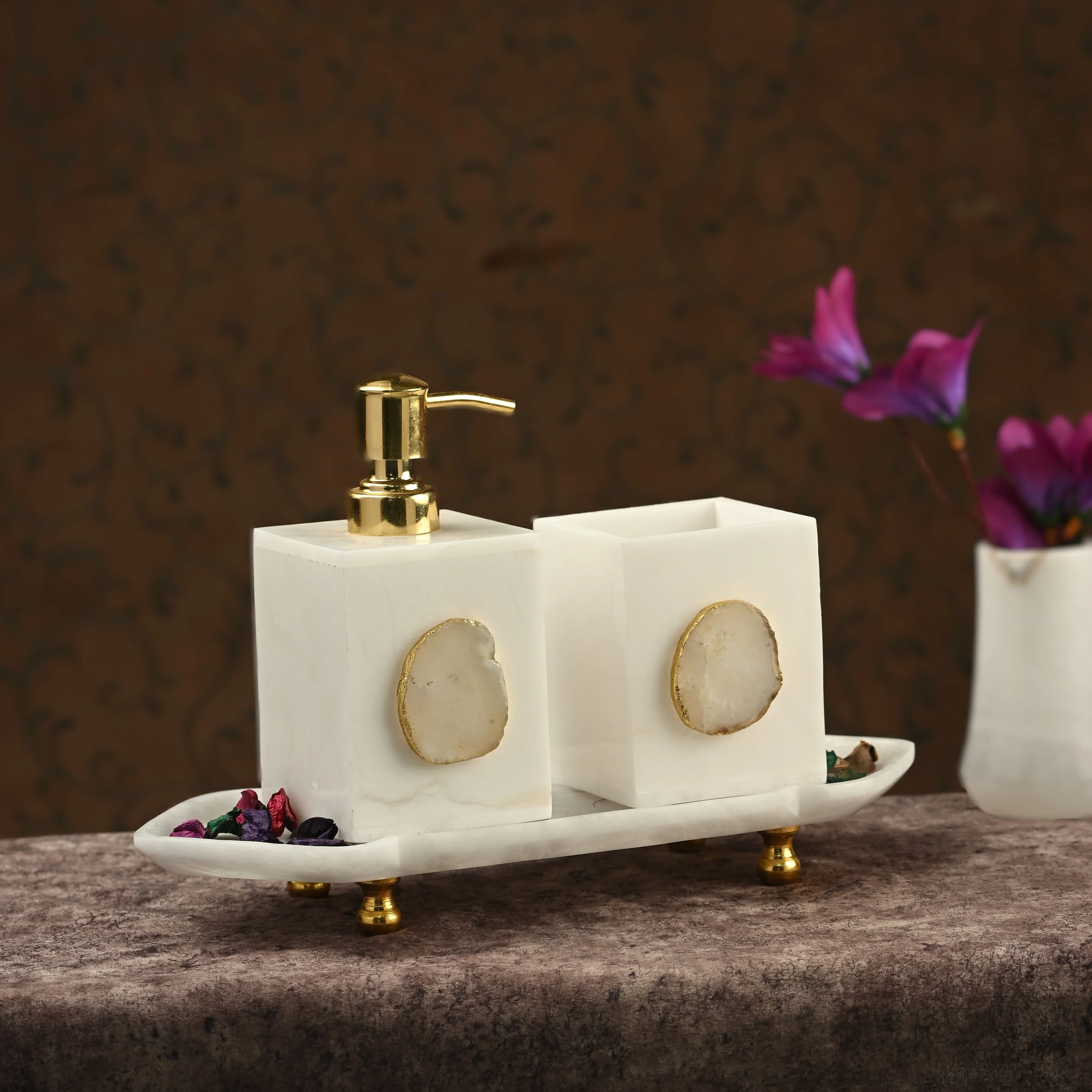 Elegant White Marble Bathroom Set with White Agate