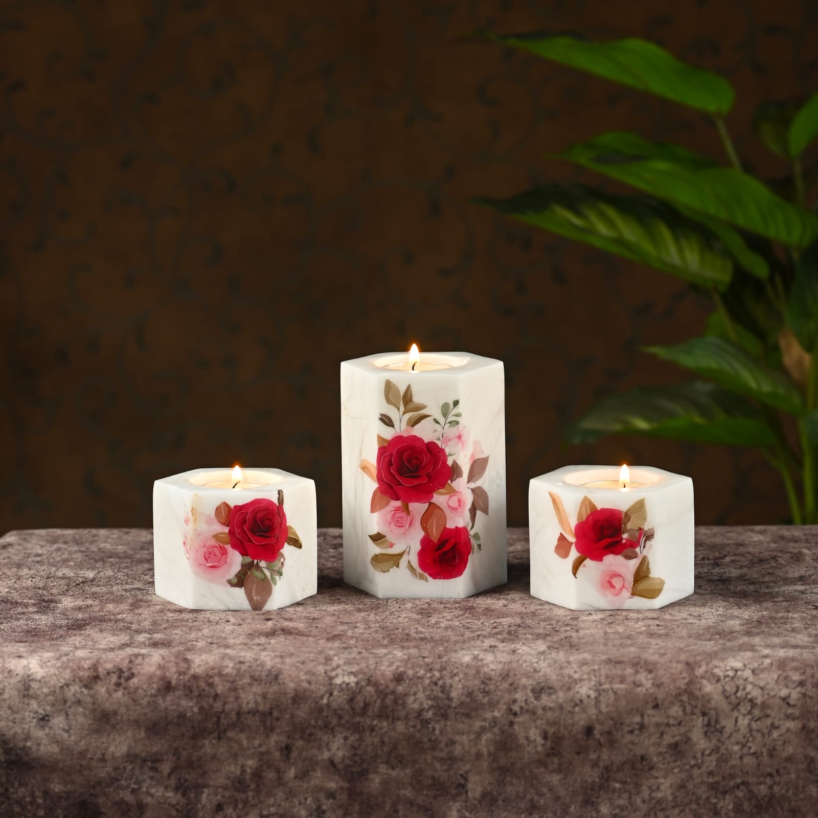 Elegant Marble Tealight Holder with Red Floral Decoupage