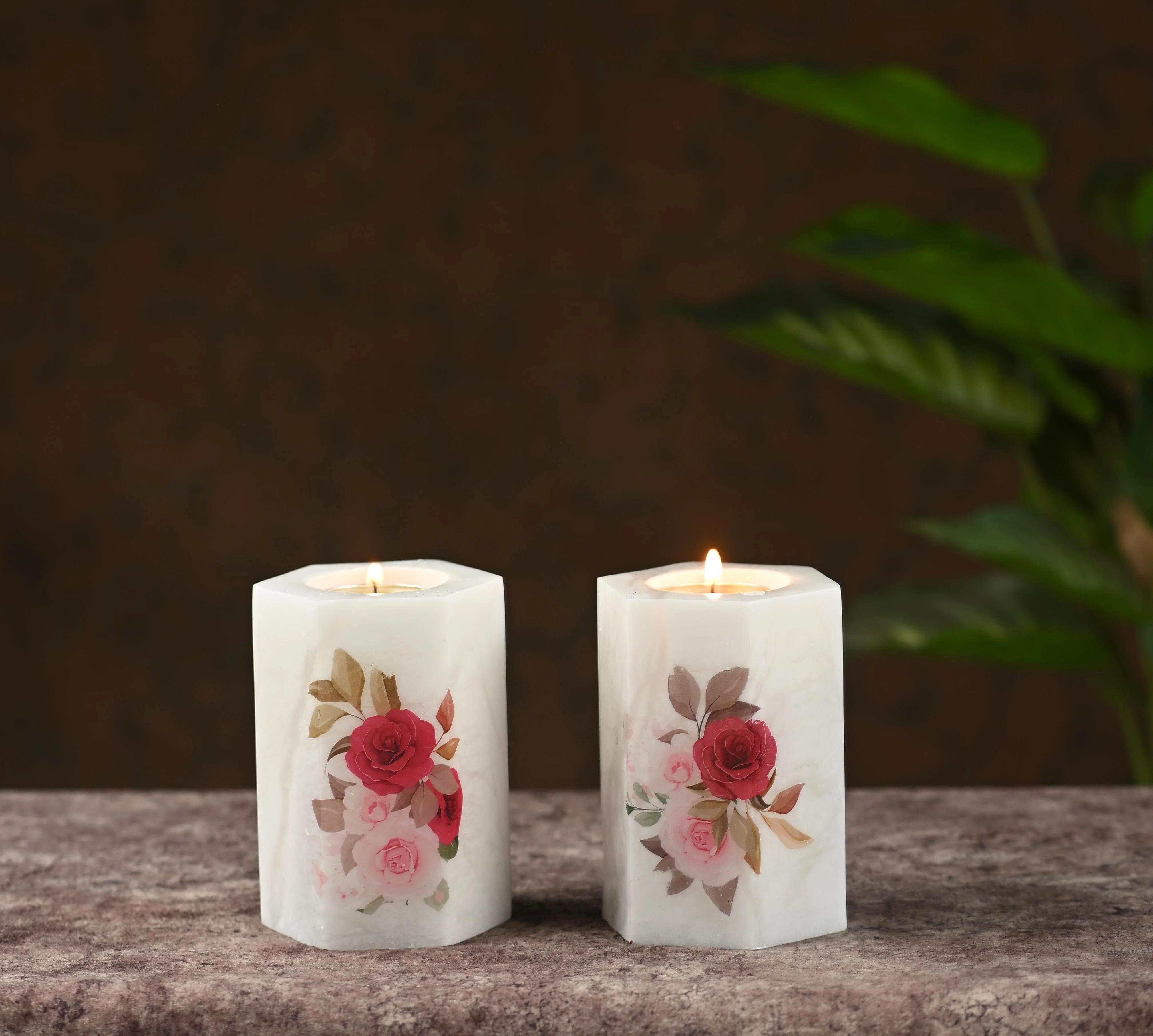 White Marble Tealight Holder with Floral Decoupage